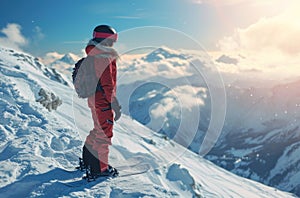 hero shot snowboard girl on the top of snowy mountain
