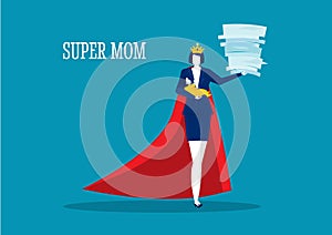 Hero woman mother doing office work and homework alone. super mom vector