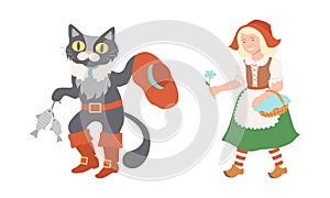 Heroes of fairy tales set. Puss in boots, Little red riding hood cartoon vector illustration