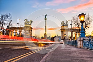 Heroes Square in Budapest with monument in the evening, Hungary
