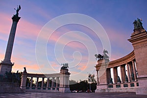 The Heroes Square and the Millennium Monument at Dusk - Budapest, Hungary
