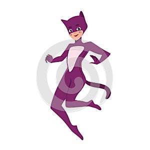 Heroic cat girl or supergirl. Smiling hero child wearing feline costume. Graceful and confident comic or fantastic