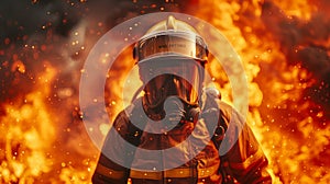 Heroic firefighter in intense blaze, vibrant colors, dramatic lighting, urgent high quality photo