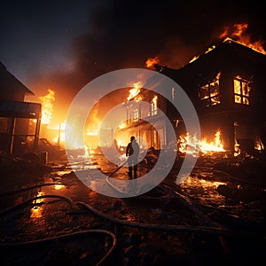 Heroic fireman extinguishes embers in burnt house, water quelling the smoldering aftermath