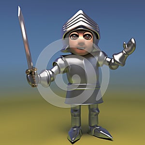 Heroic medieval armoured knight poses with his sword, 3d illustration