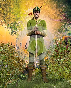 Heroic outlaw archer Robin Hood, from English folklore in the medieval Nottingham forest