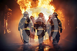 Heroic team of professional firefighters on the background of a wall of fire. Generative AI illustration
