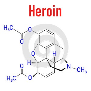 Heroin diacetylmorphine, morphine diacetate, diamorphine opioid drug molecule.