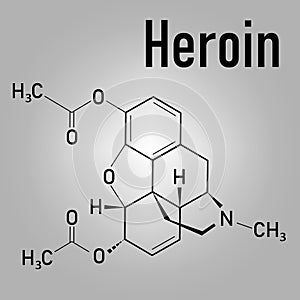 Heroin diacetylmorphine, morphine diacetate, diamorphine opioid drug molecule.