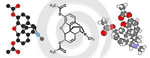 Heroin diacetylmorphine, morphine diacetate, diamorphine opioid drug molecule. 2D renderings and 3D cartoon model.