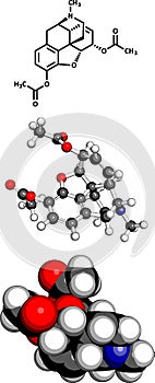 heroin (diacetylmorphine) narcotic drug, molecular model