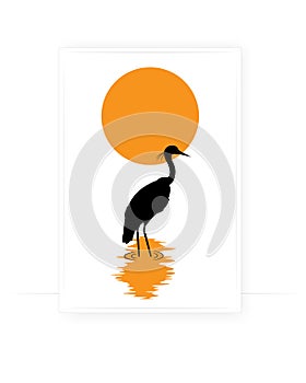 Heron bird silhouette on sunset, vector illustration. Scandinavian minimalist art design. Poster design, wall artwork