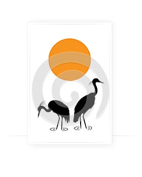Heron birds silhouettes on sunset, vector illustration. Scandinavian minimalist art design. Poster design, wall artwork