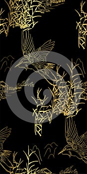 Heron bulrush vector seamless japanese chinese pattern gold black traditional