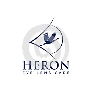 Heron eye lens care logo,  vector stork bird on eye