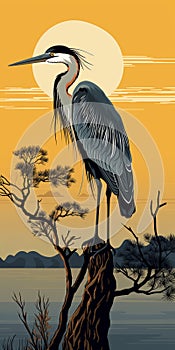 Realistic Landscape With Crane On Tree Roots photo