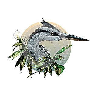 Heron head looks away composition in a circle decorated with bushes with wide leaves and a flower