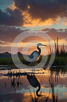 Majestic Great Blue Heron Silhouette at Sunset