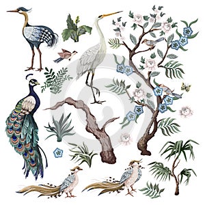 Herons, peacock, peonies and bird in chinoiserie style isolated. Vector.