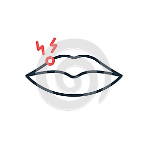 Herpes on Lips Line Icon. Blister, Painfully Pimple and Infection on Lips Outline Icon. Herpes Virus Disease. Editable