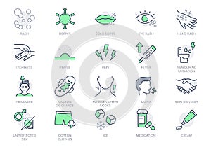 Herpes symptoms line icons. Vector illustration include icon - blister, pimple, pain, fever, vaginal, discharge, sores