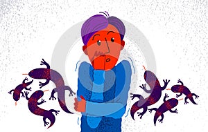 Herpetophobia fear of reptiles snakes and lizards vector illustration, boy surrounded by imaginary reptiles in panic attack and