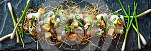 Herring Canape with Potato and Onion on Natural Rustic Background. Beautiful Creative Sea Food