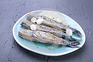 Herring fillets with onions on a blue plate, a traditional Dutch delicacy. Delicious seafood meal. Copy space. flat lay.