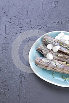 Herring fillets with onions on a blue plate, a traditional Dutch delicacy. Delicious seafood meal. Copy space. flat lay