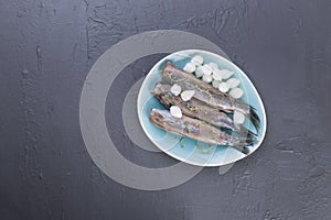 Herring fillets with onions on a blue plate, a traditional Dutch delicacy. Delicious seafood meal. Copy space. flat lay