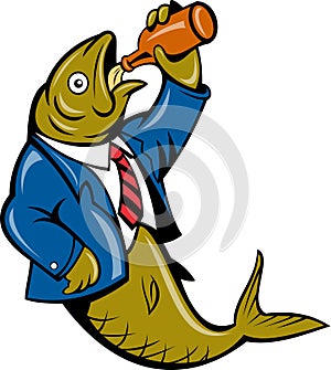 Herring fish drinking beer bottle