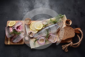 Herring fish  on wooden board  with pepper, herbs, red onion and lemon on black  background.