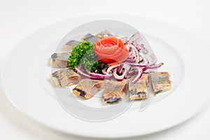 Herring with herbs and onions carrot flower decoration
