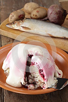 Herring salad with potatoes and beetroot