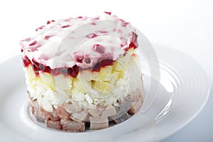 Herring salad with potatoes and beetroot