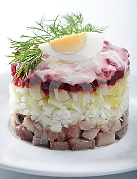 Herring salad with potatoes and beetroot