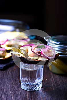 Herring sandwich with vodka glass