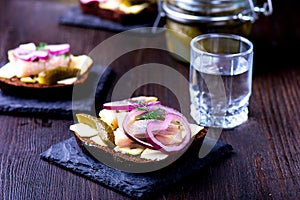 Herring sandwich with vodka glass