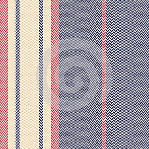 Herringbone textured stripe pattern in blue, red, beige. Seamless vector stripes background graphic for duvet cover, blanket.