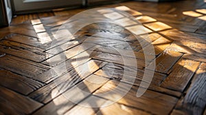Herringbone wooden floor with sunlight patterns