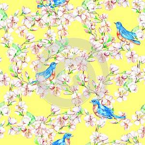Ð¡herry, apple, flowers, bird. Watercolor seamless pattern.