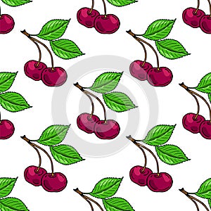 Cherry branch, two red cherries and green leaves. Seamless pattern. Vector illustration