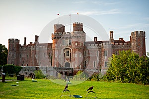 Herstmonceux, East Sussex, England. Brick Herstmonceux castle in England East Sussex 15th century. Birds of prey and view of