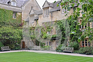 Hertford College Old Quad with english lawn & decorative trees, Oxford, United Kingdom