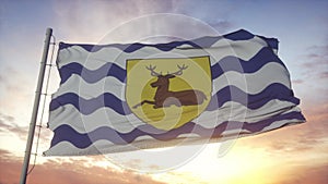 Hertfordshire flag, England, waving in the wind, sky and sun background