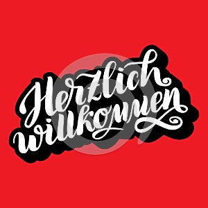 Herzlich willkommen. Welcome. Traditional German Oktoberfest bier festival . Vector hand-drawn brush lettering illustration on red