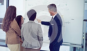 Hes got the numbers to back it up. Rearview shot of a group of businesspeople working on a whiteboard in the boardroom.