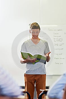 Hes got professor potential. a young schoolboy giving a presentation in front of class.