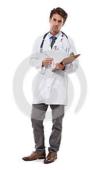 Hes here to keep you healthy. Full length studio portrait of a serious-looking young medical professional holding a