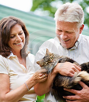 Hes like a member of the family. a senior couple with their cat outdoors.
